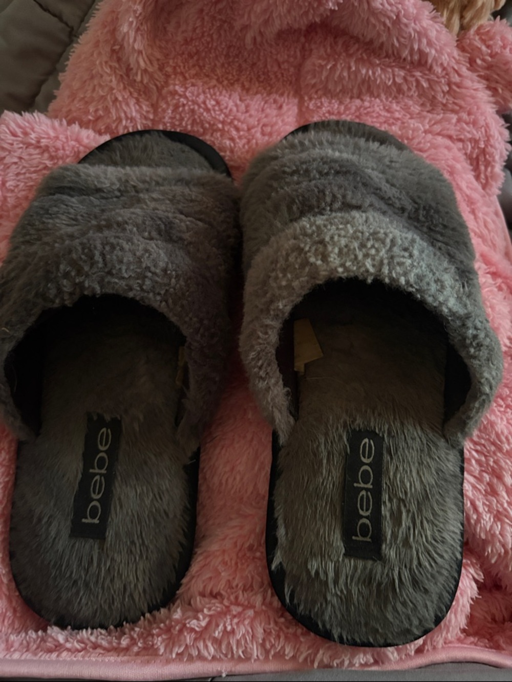 bebe Gray Plush Slide Slippers